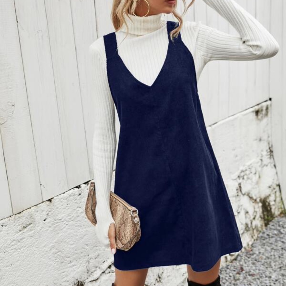 Navy Blue corduroy classic mini dress v neck Minimalist